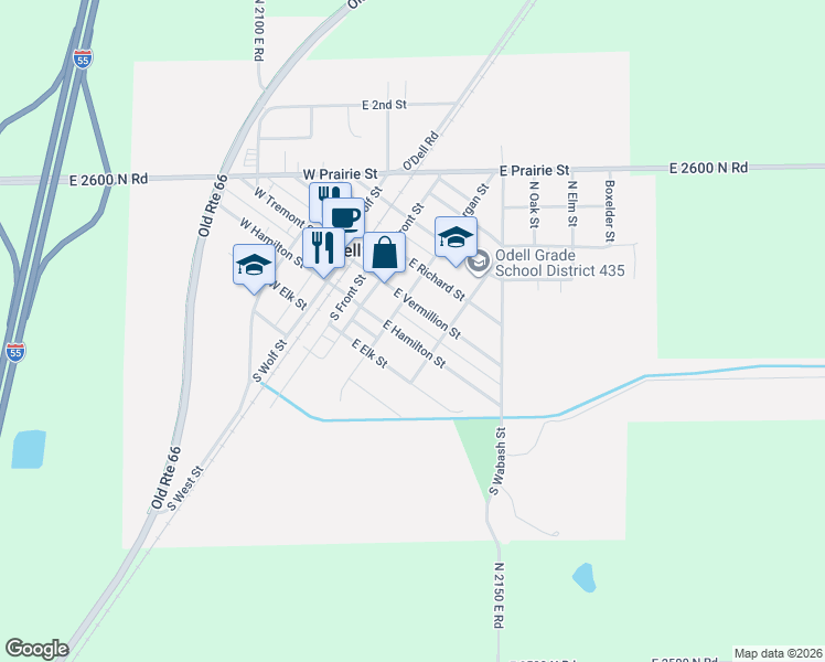 map of restaurants, bars, coffee shops, grocery stores, and more near 315 East Hamilton Street in Odell