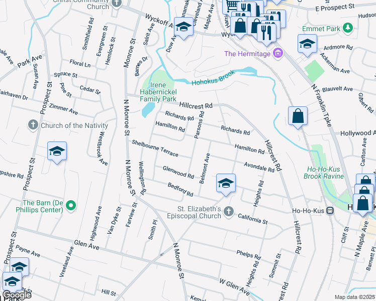 map of restaurants, bars, coffee shops, grocery stores, and more near 726 Parsons Road in Ridgewood