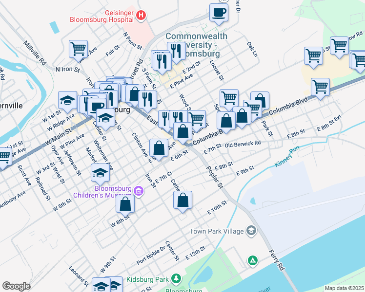 map of restaurants, bars, coffee shops, grocery stores, and more near Bloomsburg Rail Trail in Bloomsburg