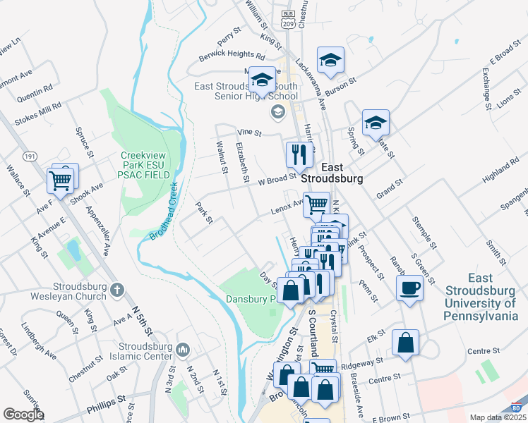 map of restaurants, bars, coffee shops, grocery stores, and more near in East Stroudsburg