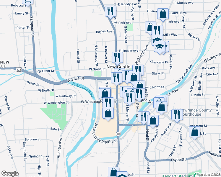 map of restaurants, bars, coffee shops, grocery stores, and more near 32 North Jefferson Street in New Castle