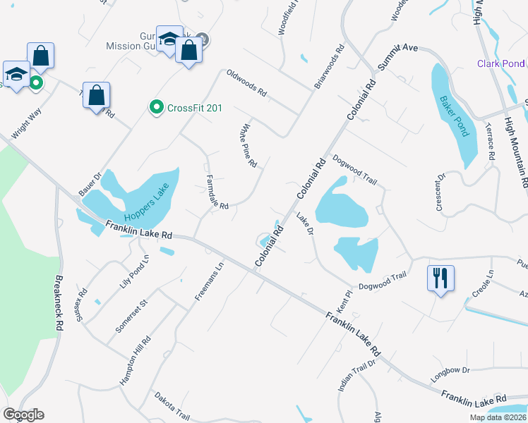 map of restaurants, bars, coffee shops, grocery stores, and more near 100 Jasmine Court in Franklin Lakes