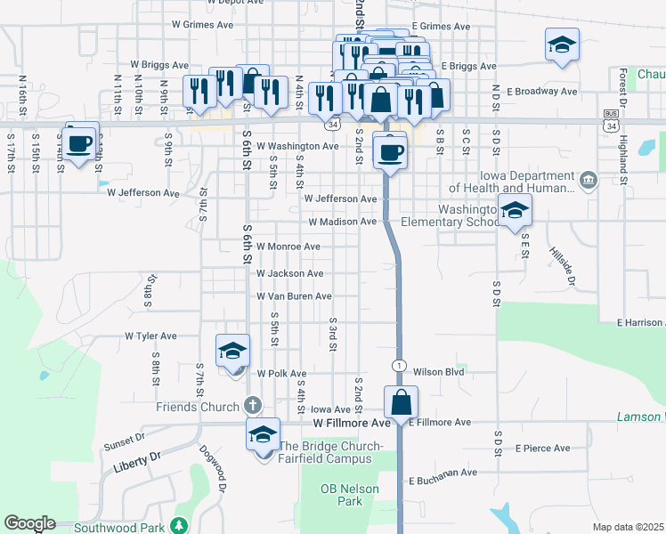 map of restaurants, bars, coffee shops, grocery stores, and more near South 3rd Street in Fairfield