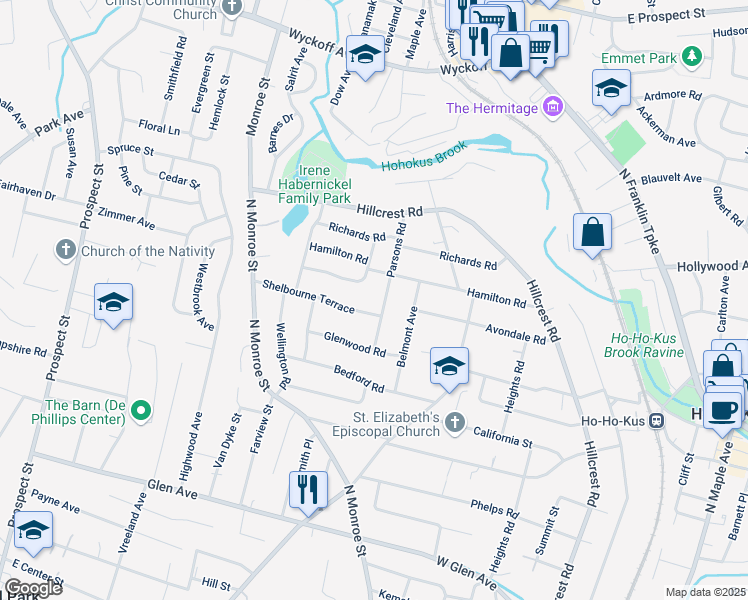 map of restaurants, bars, coffee shops, grocery stores, and more near 726 Parsons Road in Ridgewood