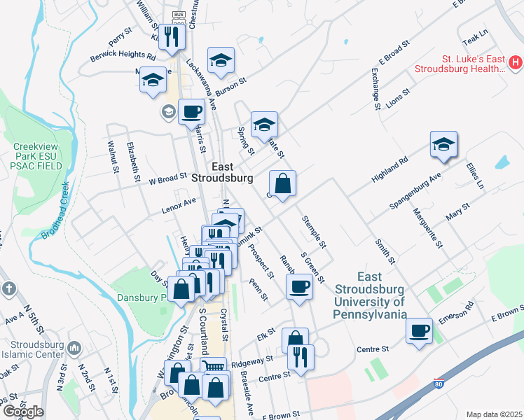 map of restaurants, bars, coffee shops, grocery stores, and more near 28 Lackawanna Avenue in East Stroudsburg
