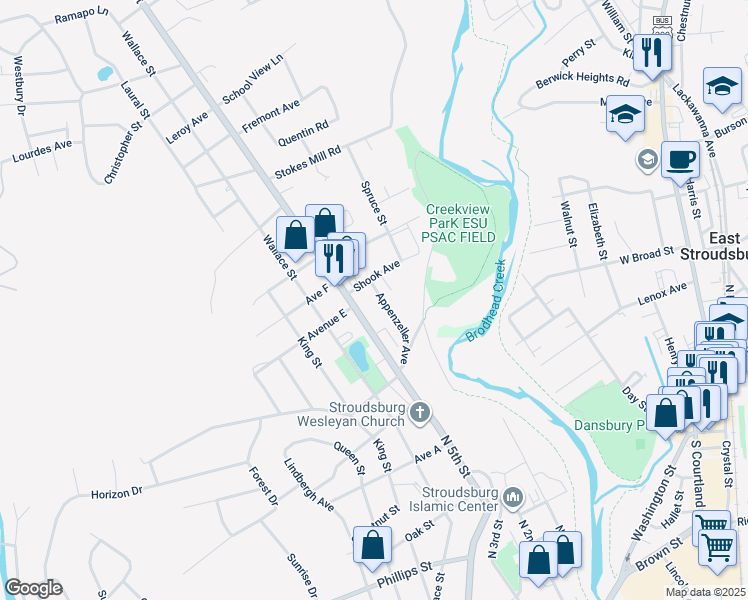 map of restaurants, bars, coffee shops, grocery stores, and more near 1187 Appenzeller Avenue in Stroudsburg