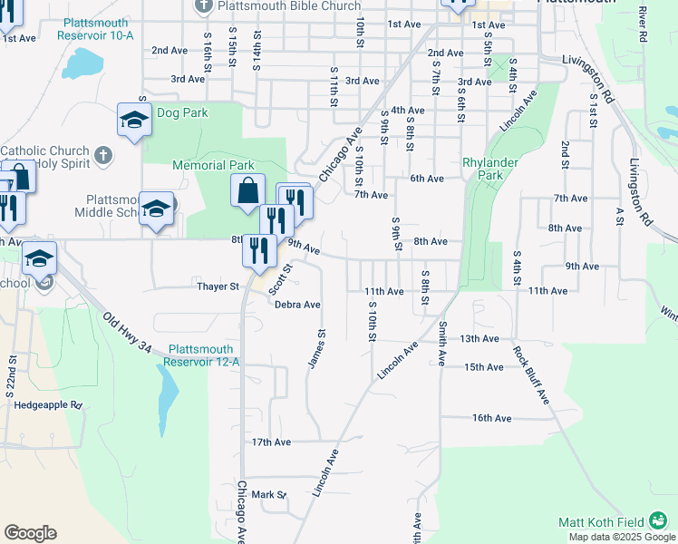 map of restaurants, bars, coffee shops, grocery stores, and more near 1022 Clinton Street in Plattsmouth