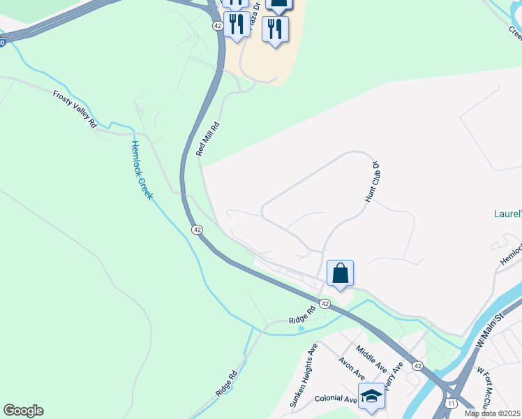map of restaurants, bars, coffee shops, grocery stores, and more near 88 Hunt Club Dr in Bloomsburg