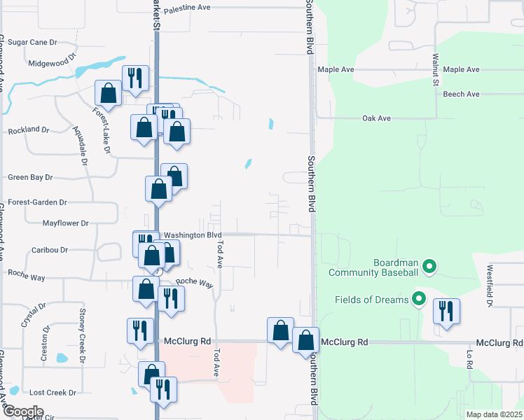 map of restaurants, bars, coffee shops, grocery stores, and more near 161 Stadler Court in Youngstown
