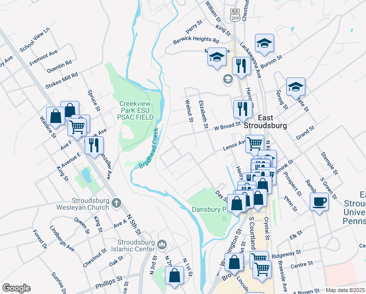 map of restaurants, bars, coffee shops, grocery stores, and more near 53 Borough Street in East Stroudsburg