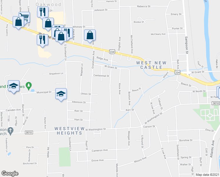 map of restaurants, bars, coffee shops, grocery stores, and more near 306 Miller Avenue in New Castle