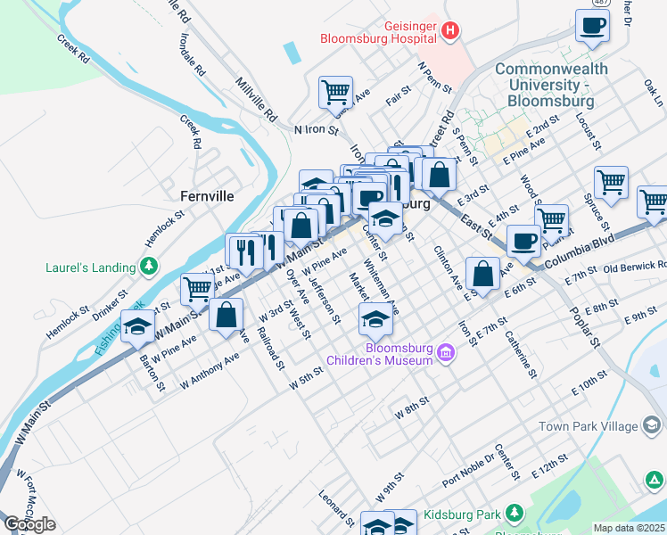 map of restaurants, bars, coffee shops, grocery stores, and more near 240 Market Street in Bloomsburg