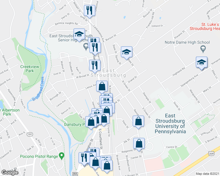 map of restaurants, bars, coffee shops, grocery stores, and more near 22 North Kistler Street in East Stroudsburg