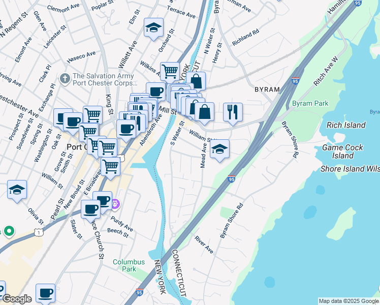 map of restaurants, bars, coffee shops, grocery stores, and more near 24 Division Street West in Greenwich