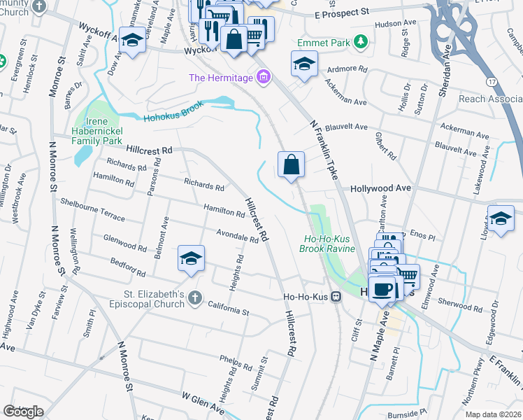 map of restaurants, bars, coffee shops, grocery stores, and more near 811 Hillcrest Road in Ridgewood
