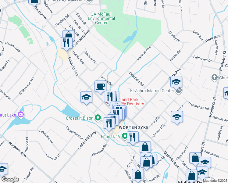 map of restaurants, bars, coffee shops, grocery stores, and more near 79 Linwood Avenue in Midland Park