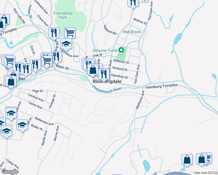 map of restaurants, bars, coffee shops, grocery stores, and more near 47 Main Street in Bloomingdale