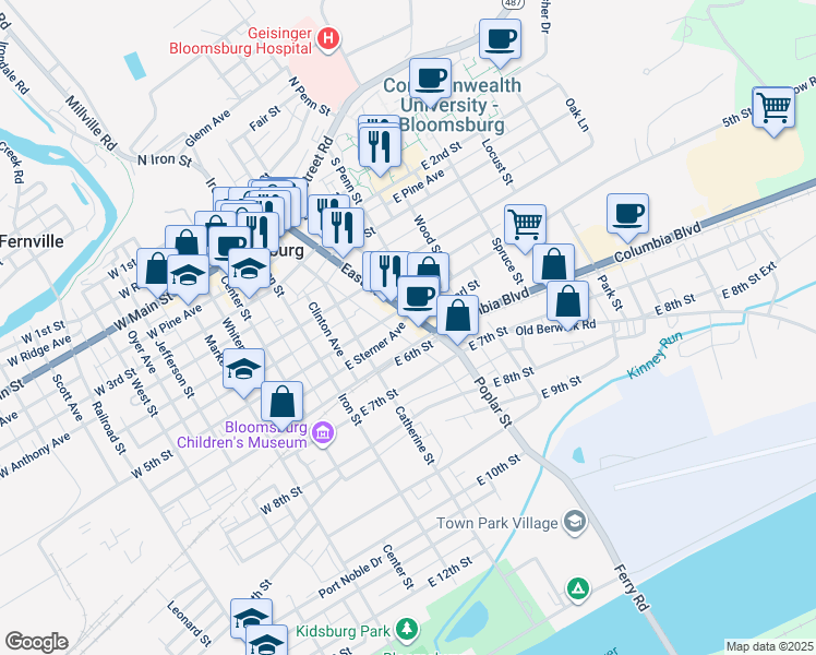 map of restaurants, bars, coffee shops, grocery stores, and more near 544 East Street in Bloomsburg
