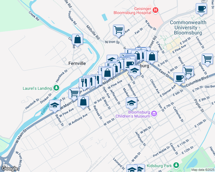 map of restaurants, bars, coffee shops, grocery stores, and more near 219 West Pine Avenue in Bloomsburg