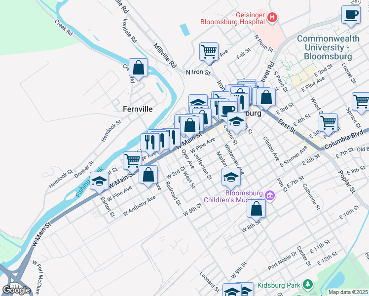 map of restaurants, bars, coffee shops, grocery stores, and more near 219 West Pine Avenue in Bloomsburg
