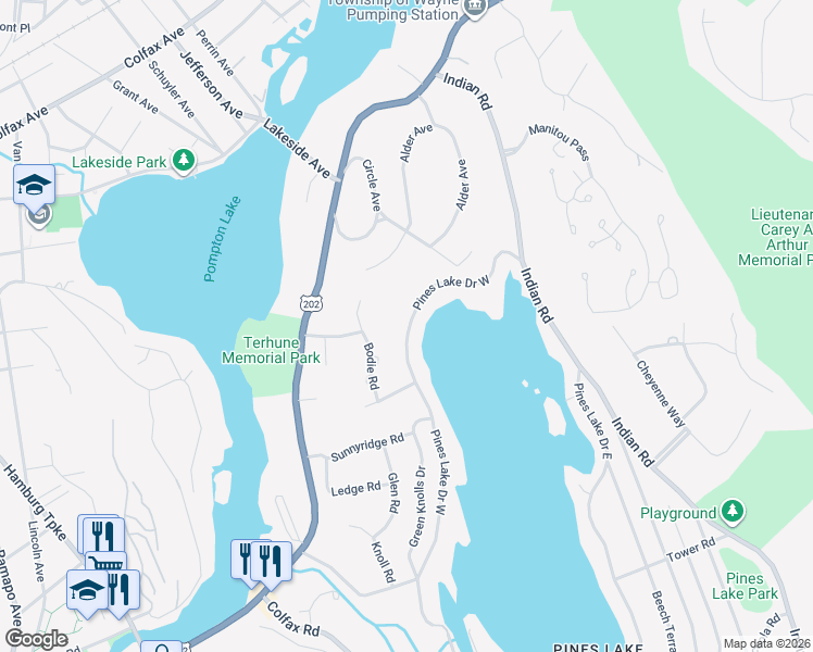 map of restaurants, bars, coffee shops, grocery stores, and more near 1096 Pines Lake Drive West in Wayne