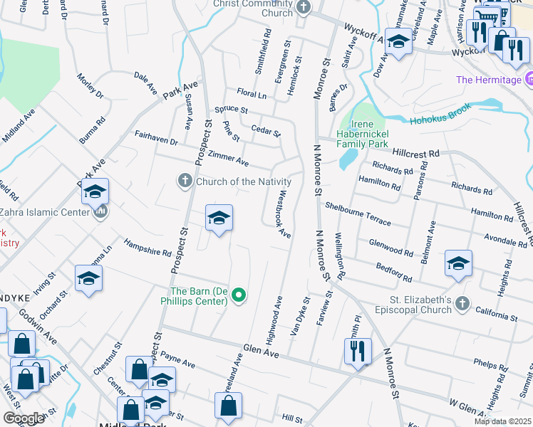 map of restaurants, bars, coffee shops, grocery stores, and more near 100 Millington Drive in Midland Park