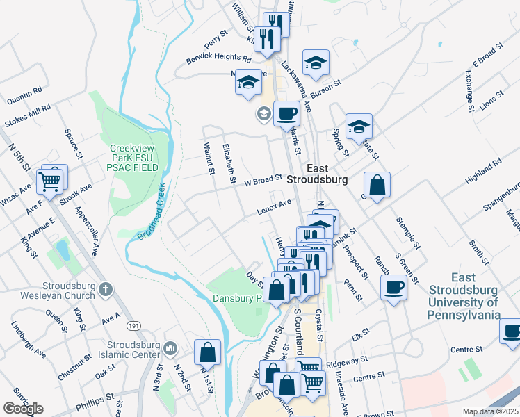 map of restaurants, bars, coffee shops, grocery stores, and more near 60 Lenox Avenue in East Stroudsburg