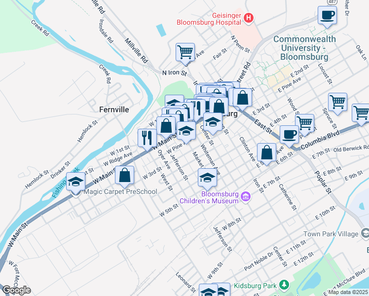 map of restaurants, bars, coffee shops, grocery stores, and more near 240 Market Street in Bloomsburg
