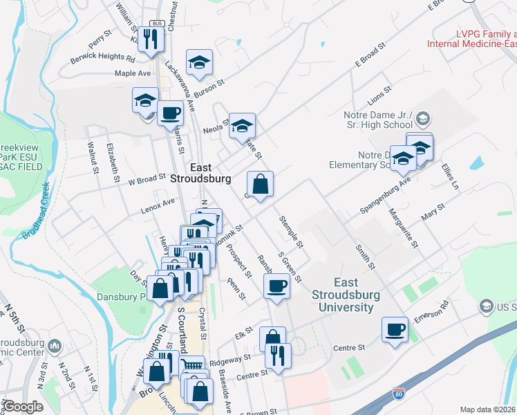 map of restaurants, bars, coffee shops, grocery stores, and more near in East Stroudsburg