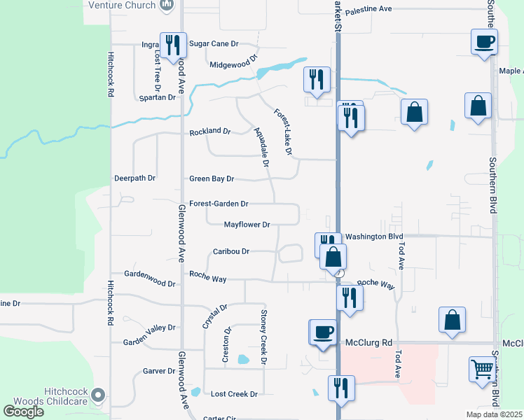 map of restaurants, bars, coffee shops, grocery stores, and more near 110 Mayflower Drive in Youngstown
