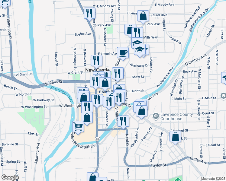 map of restaurants, bars, coffee shops, grocery stores, and more near 19-29 Mill Bridge Road in New Castle