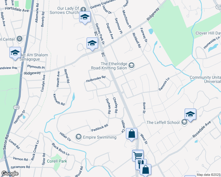 map of restaurants, bars, coffee shops, grocery stores, and more near 18 Branchbrook Road in White Plains