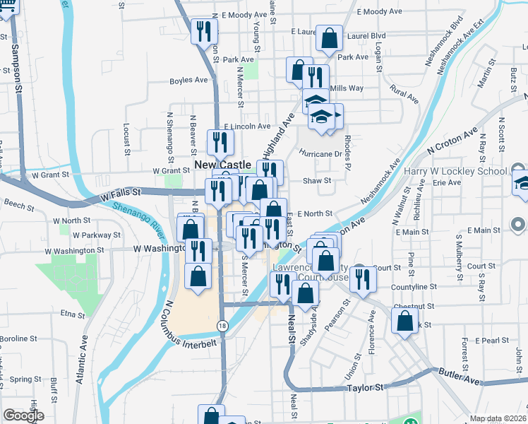 map of restaurants, bars, coffee shops, grocery stores, and more near 101 North Mill Street in New Castle