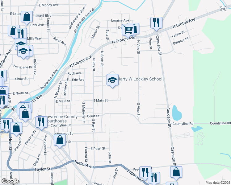 map of restaurants, bars, coffee shops, grocery stores, and more near 900 East Main Street in New Castle