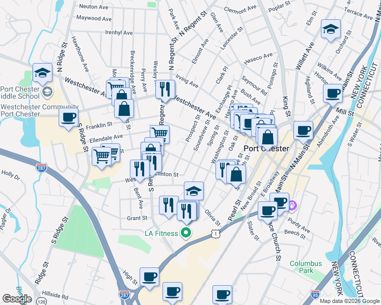map of restaurants, bars, coffee shops, grocery stores, and more near 76 Soundview Street in Port Chester