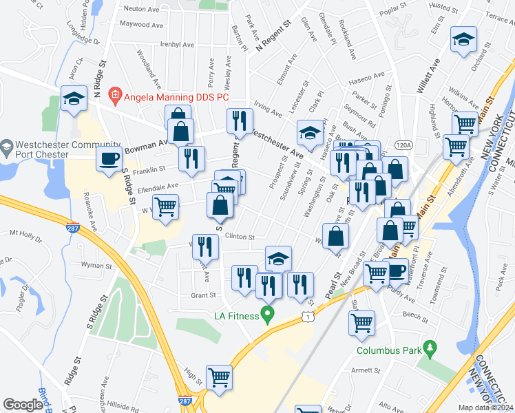 map of restaurants, bars, coffee shops, grocery stores, and more near 76 Soundview Street in Port Chester