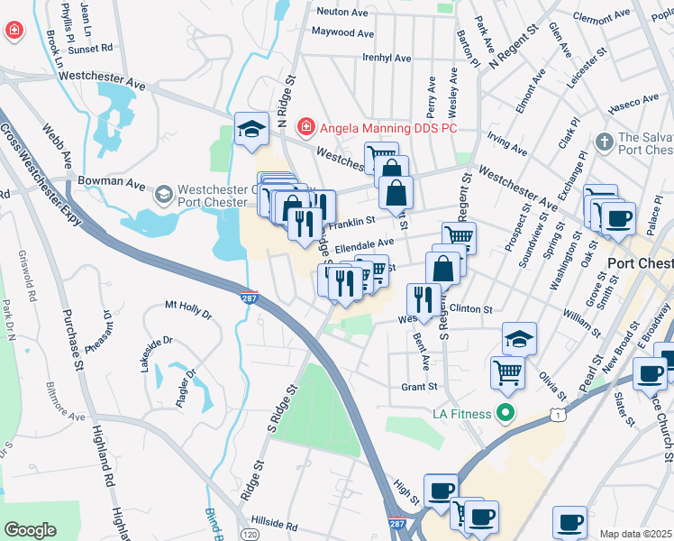 map of restaurants, bars, coffee shops, grocery stores, and more near 506 West William Street in Rye Brook