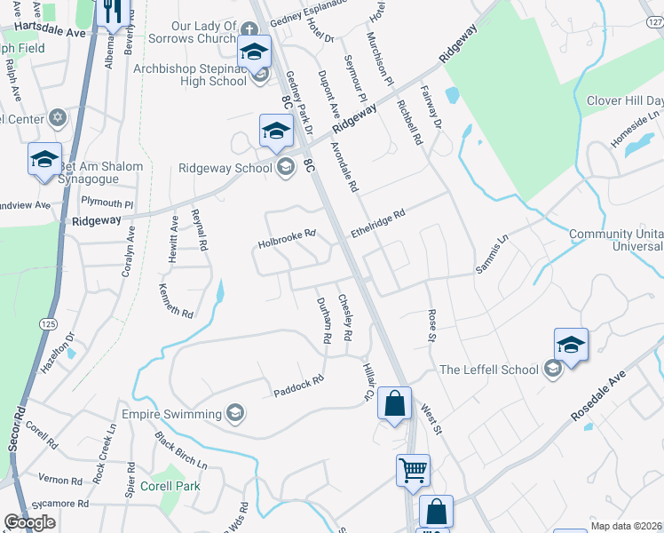 map of restaurants, bars, coffee shops, grocery stores, and more near 18 Branchbrook Road in White Plains