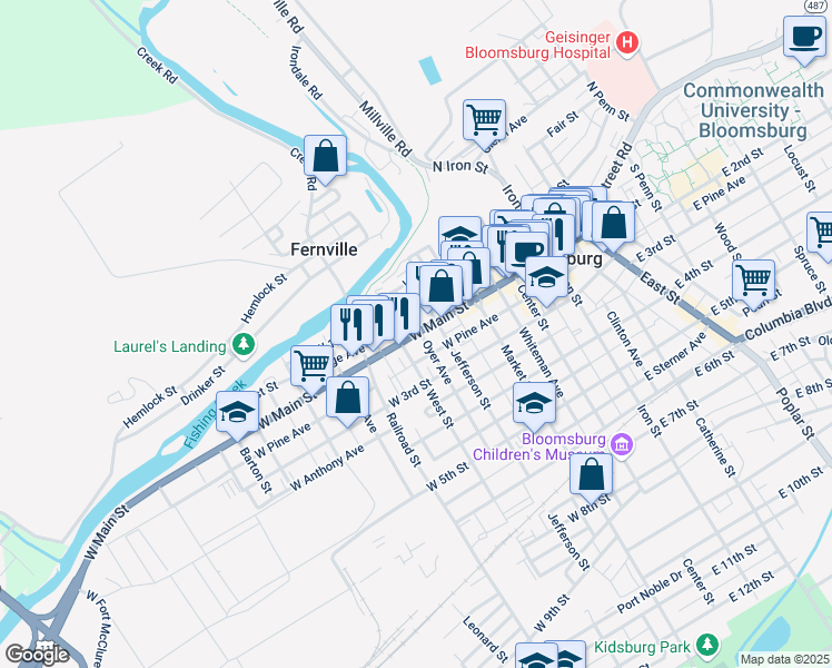map of restaurants, bars, coffee shops, grocery stores, and more near 308 West Main Street in Bloomsburg
