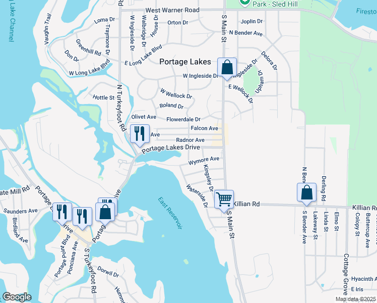 map of restaurants, bars, coffee shops, grocery stores, and more near 62 Portage Lakes Drive in Akron