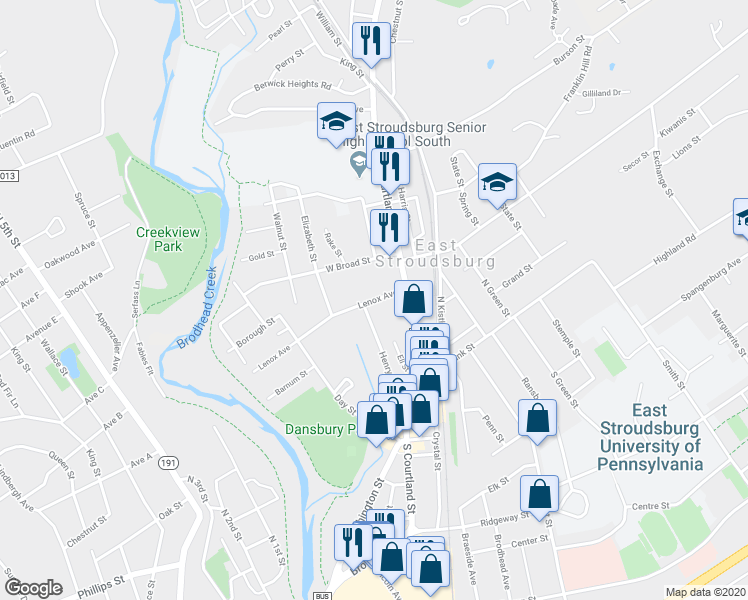 map of restaurants, bars, coffee shops, grocery stores, and more near 51 Lenox Avenue in East Stroudsburg