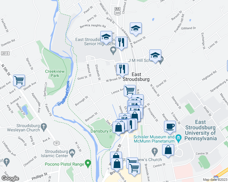 map of restaurants, bars, coffee shops, grocery stores, and more near 56 Lenox Avenue in East Stroudsburg