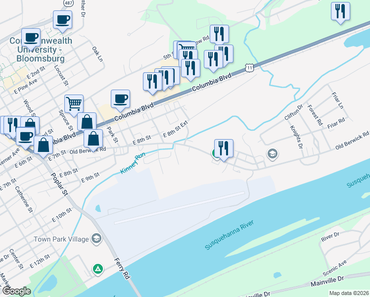 map of restaurants, bars, coffee shops, grocery stores, and more near 1020 Old Berwick Road in Bloomsburg