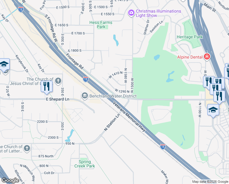 map of restaurants, bars, coffee shops, grocery stores, and more near 1651 West 1290 North in Farmington