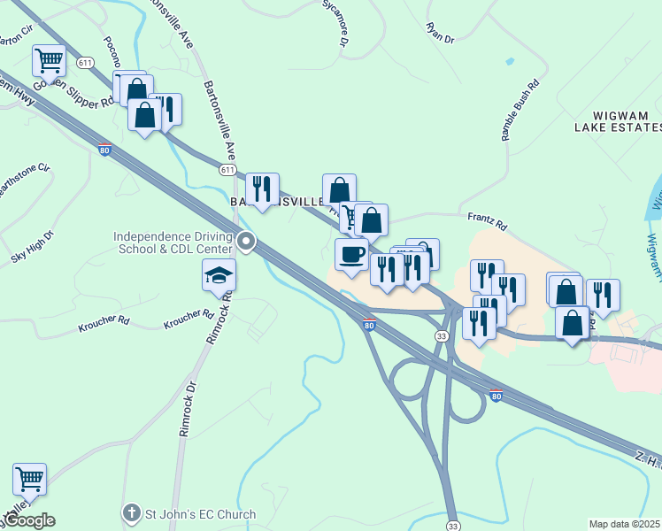 map of restaurants, bars, coffee shops, grocery stores, and more near 212 Cruver Avenue in Stroudsburg