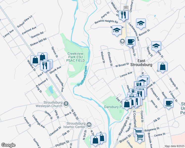 map of restaurants, bars, coffee shops, grocery stores, and more near 25 Park Street in East Stroudsburg