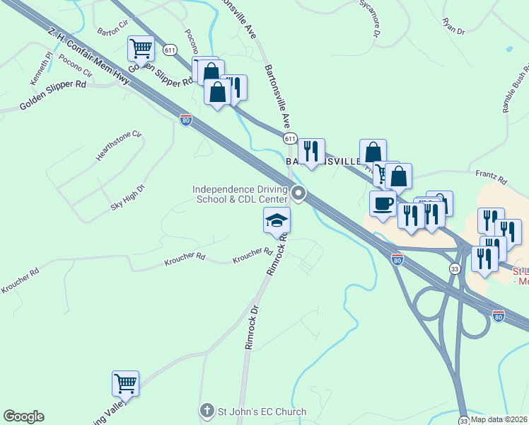 map of restaurants, bars, coffee shops, grocery stores, and more near 1102-1198 Kroucher Road in Stroudsburg