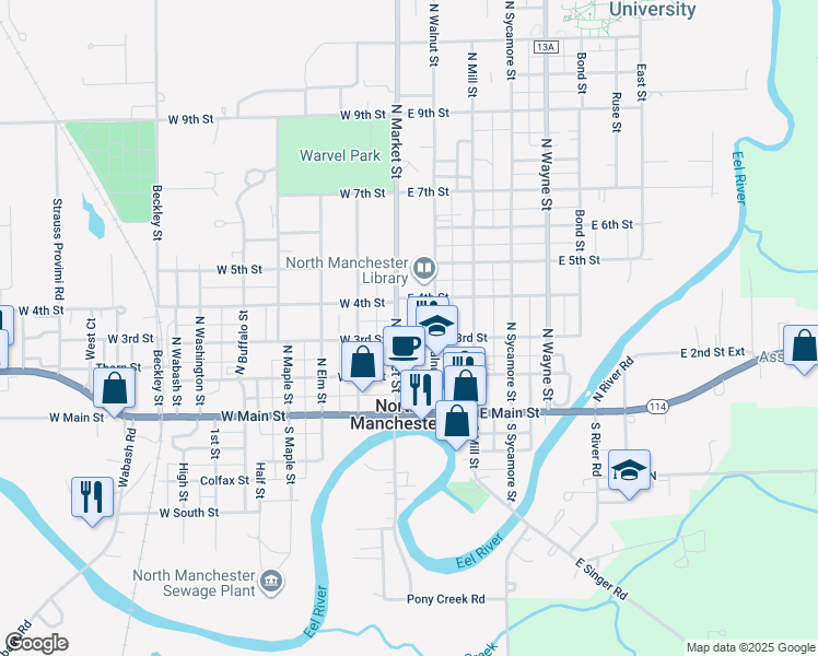 map of restaurants, bars, coffee shops, grocery stores, and more near 102 East 3rd Street in North Manchester