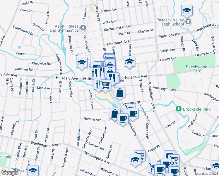 map of restaurants, bars, coffee shops, grocery stores, and more near 74 Broadway in Hillsdale