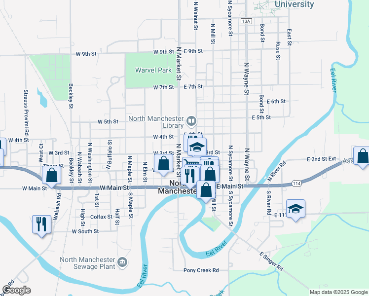 map of restaurants, bars, coffee shops, grocery stores, and more near 102 East 3rd Street in North Manchester